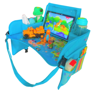 Kids Travel Tray Brauli's Club - Kids & Toddlers Car Seat Lap Tray for Playing & Eating Snacks - Safe Tablet iPad Holder Stand - Draw & Dry Erase, Stuff Organizer Pockets. Car Stroller & Airplane