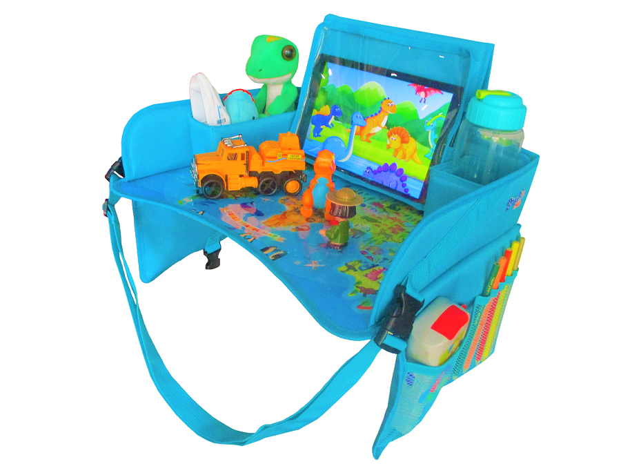 Kids Travel Tray Brauli's Club - Kids & Toddlers Car Seat Lap Tray for Playing & Eating Snacks - Safe Tablet iPad Holder Stand - Draw & Dry Erase, Stuff Organizer Pockets. Car Stroller & Airplane