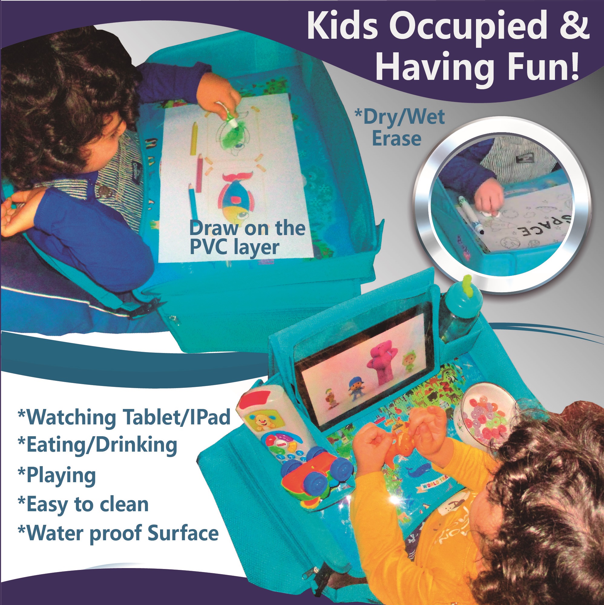 Kids Travel Tray Brauli's Club - Kids & Toddlers Car Seat Lap Tray for Playing & Eating Snacks - Safe Tablet iPad Holder Stand - Draw & Dry Erase, Stuff Organizer Pockets. Car Stroller & Airplane - Image 5